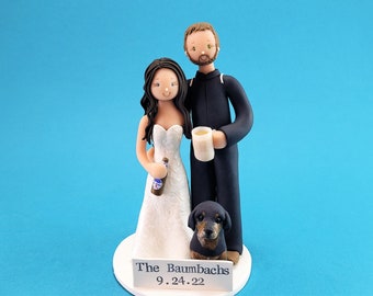 Couple with Beers and a Dog Custom Anniversary Cake Topper - By MUDCARDS