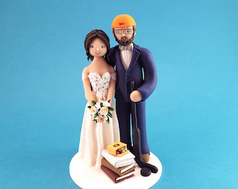 Teacher & Hockey Fan Personalized Bride and Groom Wedding Cake Topper - By MUDCARDS