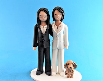 Same Sex Couple with a Dachshund Custom Wedding Cake Topper - By MUDCARDS