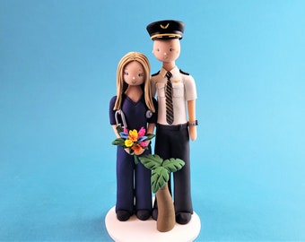 Nurse & Pilot with a Palm Tree Custom Wedding Cake Topper - By MUDCARDS