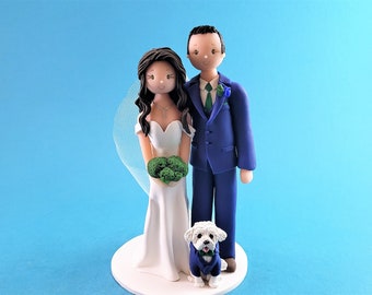 Bride & Groom with a Dog in a Suit Custom Handmade Wedding Cake Topper - By MUDCARDS