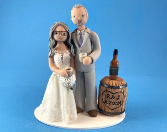 bride and groom in whiskey themed wedding cake topper