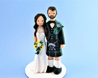 Bride & Groom Custom Made Scottish Wedding Cake Topper - By MUDCARDS