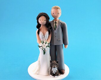 Bride & Groom with a Cat Custom Made Wedding Cake Topper - By MUDCARDS