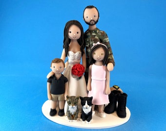 military family cake topper, cake topper with family and cats, custom family figurines, handmade gift for military family