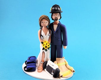 Medic & Firefighter Personalized Bride and Groom Wedding Cake Topper - By MUDCARDS