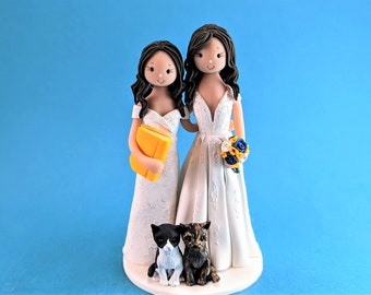 Same Sex Couple with Cats Customized Wedding Cake Topper - By MUDCARDS