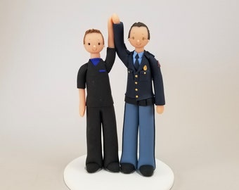 Police Officer & Nurse Same Sex Wedding Cake Topper -  Custom Handmade by MUDCARDS