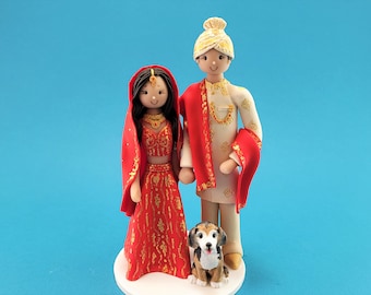 Bride & Groom in Traditional Saree and Sherwani Wedding Attire Custom Wedding Cake Topper - By MUDCARDS