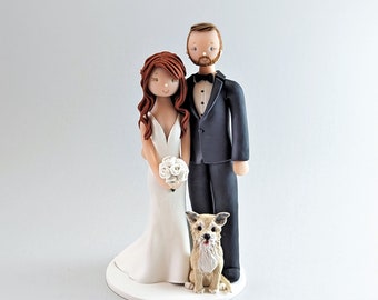 Bride & Groom with a Dog Customized Wedding Cake Topper - By MUDCARDS