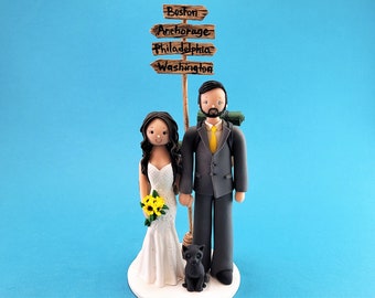 Bride & Groom with a Cat Customized Hiking Theme Wedding Cake Topper - By MUDCARDS