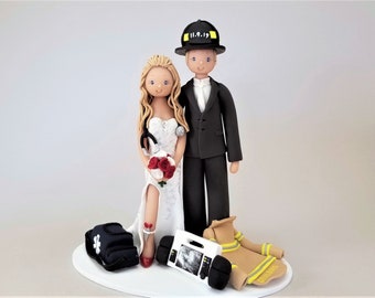 Firefighter & Paramedic Custom Made Wedding Cake Topper - By Mudcards