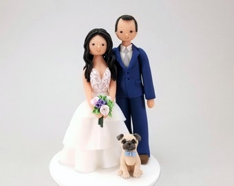 Bride & Groom with a Pug Personalized Wedding Cake Topper By MUDCARDS