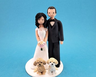 Bride & Groom with Dogs Custom Handmade Wedding Cake Topper - By MUDCARDS