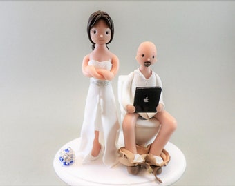 Bride & Groom on a Toilet Seat Custom Handmade Wedding Cake Topper