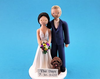 Bride & Groom with a Dog Custom Handmade Wedding Cake Topper - By MUDCARDS