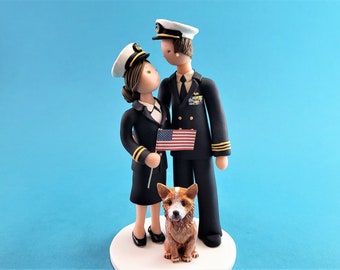 Navy Officers with a Dog Personalized Bride & Groom Wedding Cake Topper - By MUDCARDS