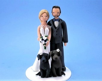 Bride & Groom with Dogs Customized Wedding Cake Topper - By MUDCARDS