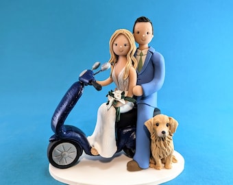 Bride & Groom on a Vespa with a Dog Custom Wedding Cake Topper - By MUDCARDS