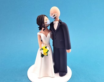 Bride & Groom with Face Masks  Custom Handmade Wedding Cake Topper - By MUDCARDS