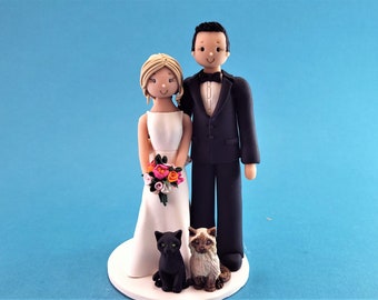 Bride & Groom with Cats Custom Handmade Wedding Cake Topper - By MUDCARDS