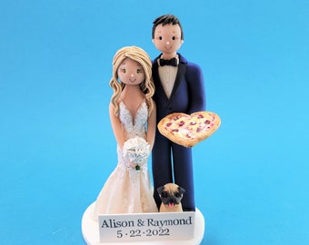 Bride & Groom with Pizza and a Pug Personalized Wedding Cake Topper - By MUDCARDS