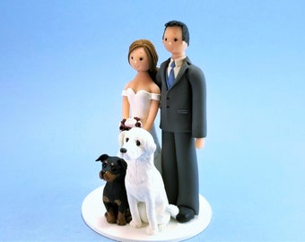 Bride & Groom with Dogs Custom Made Wedding Cake Topper - By MUDCARDS