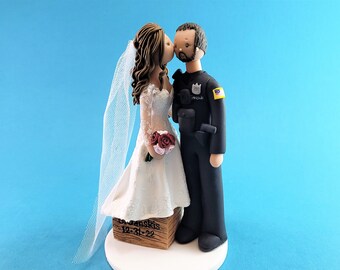 Short Bride & Tall Policeman Personalized Wedding Cake Topper - By MUDCARDS