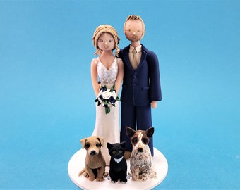 Bride & Groom with Pets Personalized Wedding Cake Topper - By MUDCARDS