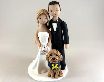 Wedding cake topper, custom bride and groom with pet personalized cake topper