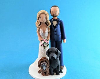 Bride & Groom with Dogs Custom Handmade Wedding Cake Topper - By MUDCARDS