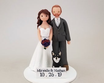 Bride & Groom with a Dog Wedding Cake Topper - Customized By Mudcards