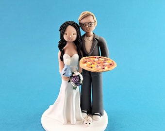 Scientist & Pizza Chef with a Hedgehog Custom Handmade Wedding Cake Topper - By MUDCARDS