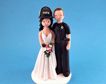 Firewoman & Policeman Personalized Wedding Cake Topper - By MUDCARDS