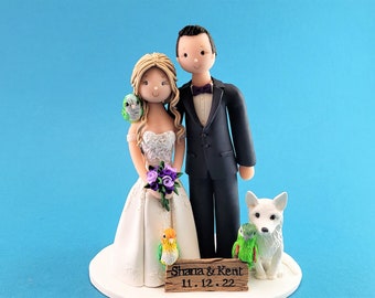 Bride & Groom with 3 Parrots and a Dog Custom Made Wedding Cake Topper - By MUDCARDS