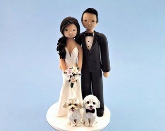 Bride & Groom with Dogs Custom Wedding Cake Topper - By MUDCARDS