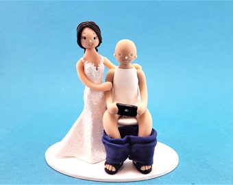 Bride with a Groom Sitting on a Toilet Custom Wedding Cake Topper - By MUDCARDS