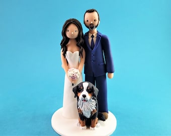 Bride & Groom with a Bernese Mountain Dog Custom Made Wedding Cake Topper - By MUDCARDS