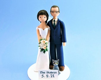 Bride & Groom with a Cat Custom Handmade Wedding Cake Topper - By MUDCARDS