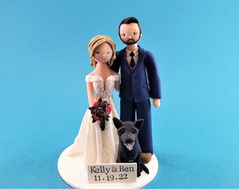 Bride & Groom with a Dog Custom Made Wedding Cake Topper - By MUDCARDS
