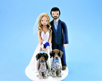 Bride & Groom with Dogs Custom Handmade Wedding Cake Topper - By MUDCARDS