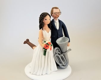 Bride & Groom with an Euphonium Custom Handmade Wedding Cake Topper - by MUDCARDS