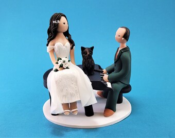 Bride & Groom on a Piano with a Cat Custom Wedding Cake Topper - By MUDCARDS
