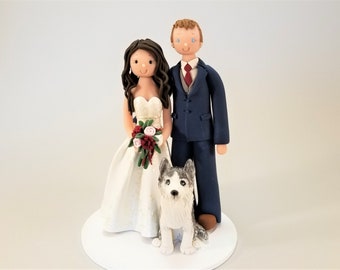 Bride & Groom with a Dog Customized Wedding Cake Topper by MUDCARDS