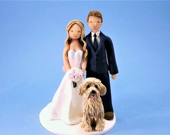 Bride & Groom with a Dog Customized Wedding Cake Topper - By MUDCARDS