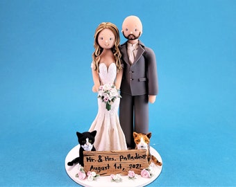 Bride & Groom with Cats Personalized Wedding Cake Topper - By MUDCARDS