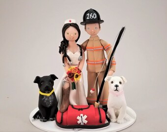 Firefighter & EMT with Dogs Personalized Wedding Cake Topper