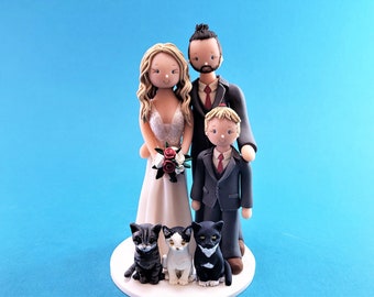 Family with Cats Personalized Bride & Groom Wedding Cake Topper - By MUDCARDS