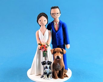 Bride & Groom with Dogs Custom Handmade Wedding Cake Topper - By MUDCARDS