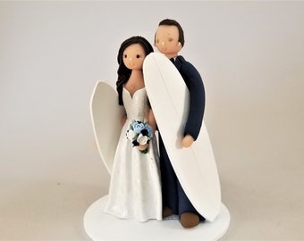 Bride & Groom with Surfboards Personalized Wedding Cake Topper - by Mudcards